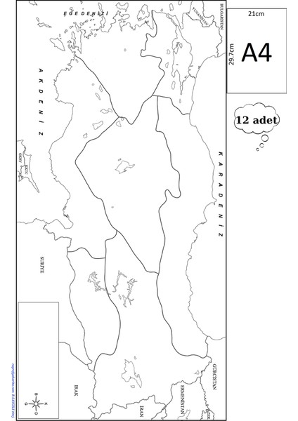 A4 Boy Dilsiz Türkiye Bölgeler Haritası Renksiz 12 Adet