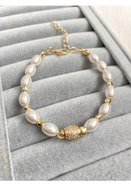 Kadın Bileklik 14K Inci Elips Zirkon Taş Disko Dorika Bileklik