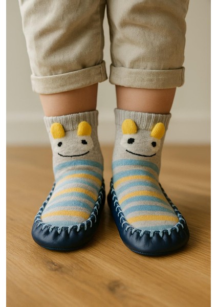 Çocuk Canavar Desenli Makosen Soket Çorap Patik Panduf – Kaydırmaz Ev & Anaokulu Ayakkabısı Mavi