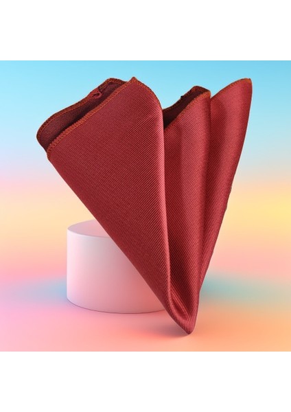 Kırmızı Kendinden Çizgili Sade Jakar Dokuma Cep Yaka Mendili