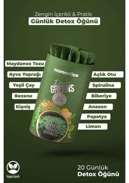Daily Greens (Spirulina, Yeşil Çay, Biberiye, Açlık Otu, Rezene +11 Bitki) - 20 Saşe fiyatları