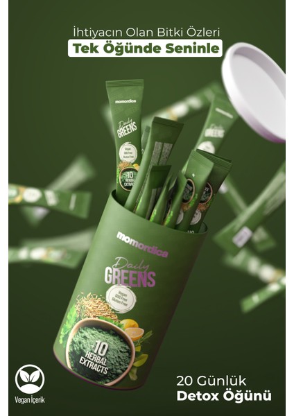 Daily Greens (Spirulina, Yeşil Çay, Biberiye, Açlık Otu, Rezene +11 Bitki) - 20 Saşe fırsatları