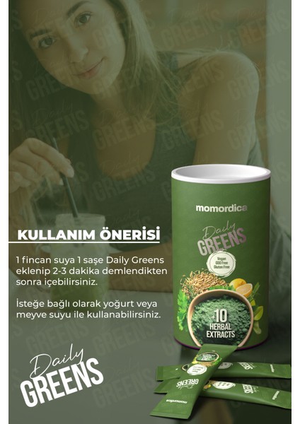 Daily Greens (Spirulina, Yeşil Çay, Biberiye, Açlık Otu, Rezene +11 Bitki) - 20 Saşe indirimleri