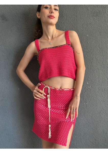 El Örgüsü Pembe Etek Büstiyer Takım