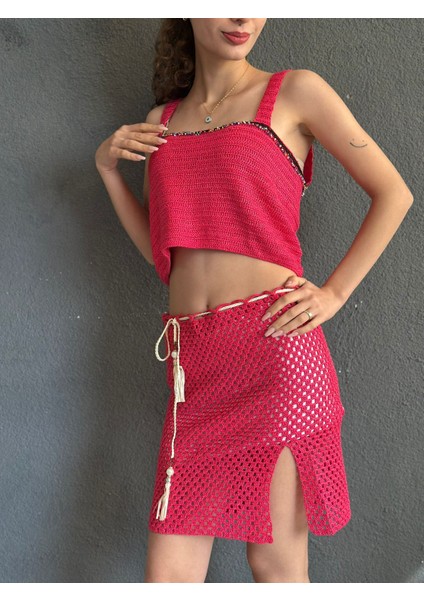 El Örgüsü Pembe Etek Büstiyer Takım modelleri