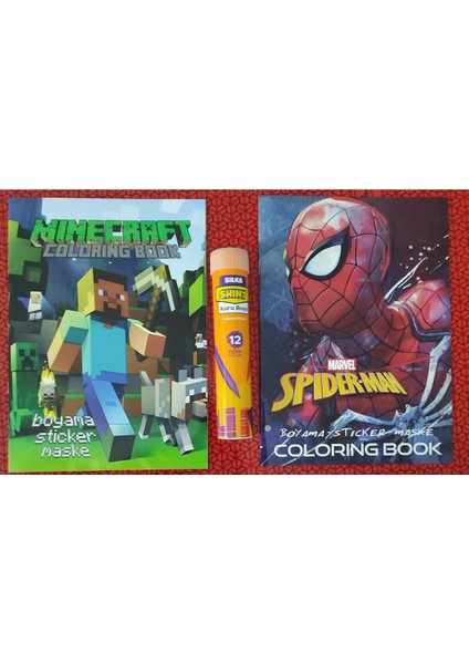 2 Adet Stickerli Boyama Kitabı ve 12 Li Tüp Kuru Boya Kalemi ( Minecraft(D)/örümcek A.(D) )