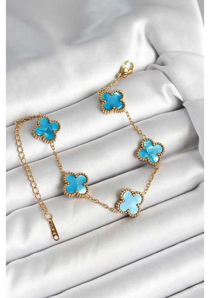 316L Çelik Sedefli Gökyüzü Mavisi Gold Renk Yonca Kadın Bileklik - Lisinya