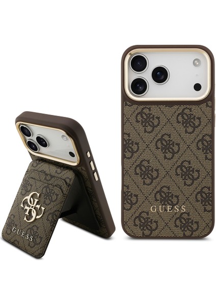 iPhone 17 Pro Max Uyumlu Kılıf Guess Lisanslı M-Safeli 4g Metal Büyük Logolu Kartlıklı Kahverengi