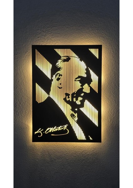 Çizgisel Atatürk LED Işıklı Tablo – El Yapımı Lazer Kesim Dekoratif Hediye Lamba