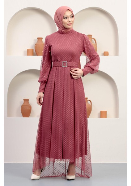 Kemeri Taşlı Tül Abiye Gül Kurusu 12242