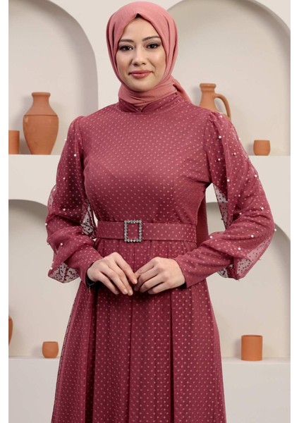 Kemeri Taşlı Tül Abiye Gül Kurusu 12242 fiyatları