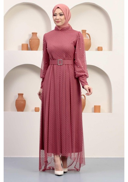 Kemeri Taşlı Tül Abiye Gül Kurusu 12242 modelleri