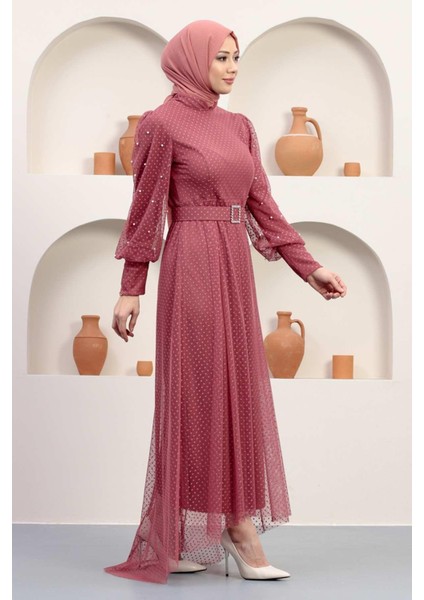 Kemeri Taşlı Tül Abiye Gül Kurusu 12242 fırsatları