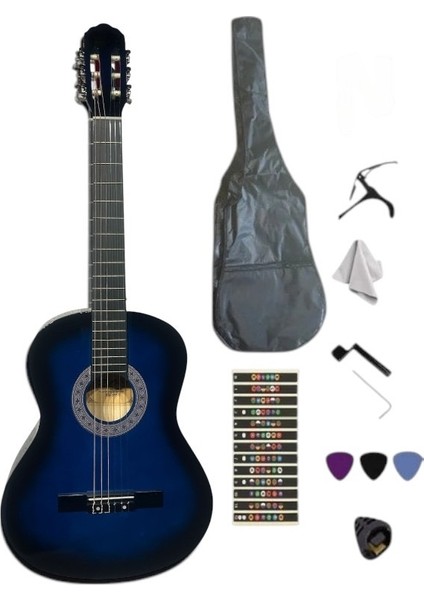 Sap Ayarlı 4/4 Tam Boy Mavi Klasik Gitar Seti(Kılıf-Pena Dahil)