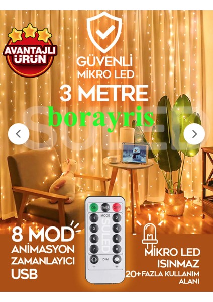 Borayris Perde LED 3MX3M Kumandalı 8 Fonksıyonlu 300 Ledli 10 Sarkıtlı USB Girişli.