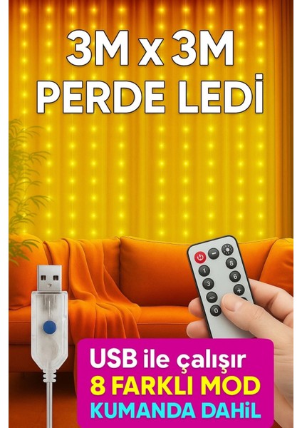 Borayris Perde LED 3MX3M Kumandalı 8 Fonksıyonlu 300 Ledli 10 Sarkıtlı USB Girişli.