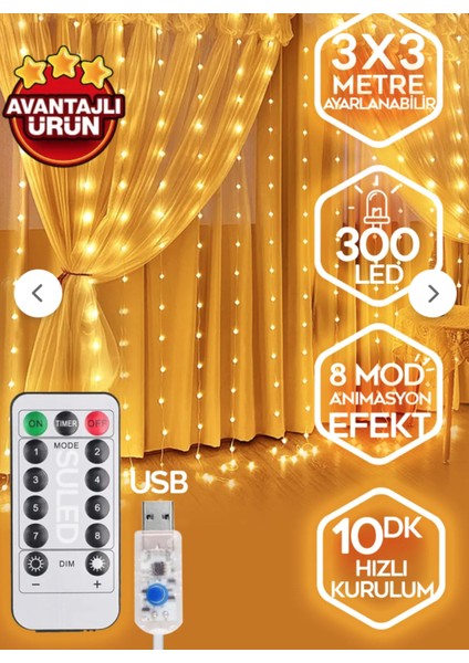 Borayris Perde LED 3MX3M Kumandalı 8 Fonksıyonlu 300 Ledli 10 Sarkıtlı USB Girişli.