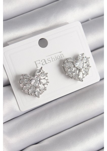 Pirinç Gümüş Renk Zirkon Taşlı Kalp Model Kadın Küpe - Lisinya