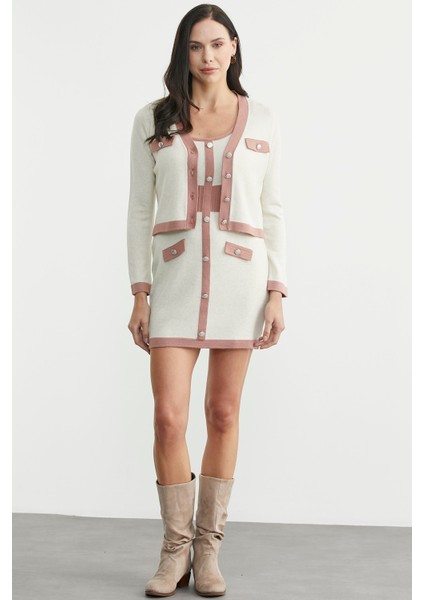 Blok Geçişli Elbise Hırka Triko Takım - Gül