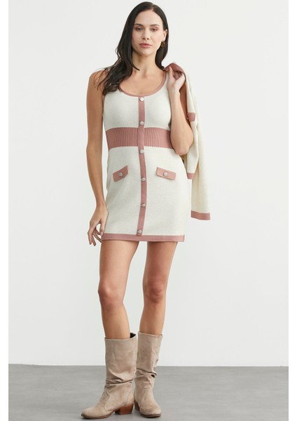 Blok Geçişli Elbise Hırka Triko Takım - Gül fiyatları