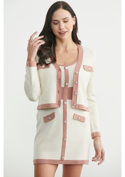 Blok Geçişli Elbise Hırka Triko Takım - Gül modelleri