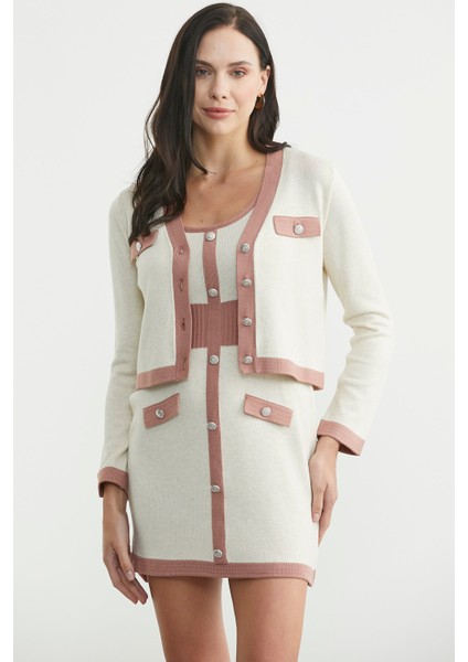 Blok Geçişli Elbise Hırka Triko Takım - Gül fırsatları