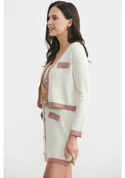 Blok Geçişli Elbise Hırka Triko Takım - Gül indirimleri