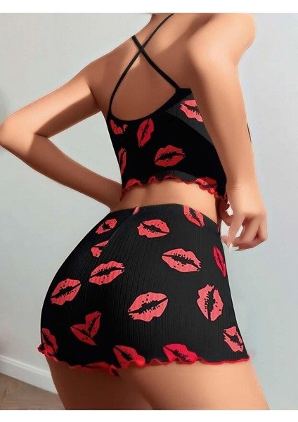 Kadın Siyah Dudak Desenli Şortlu Pijama Takımı 5057 modelleri