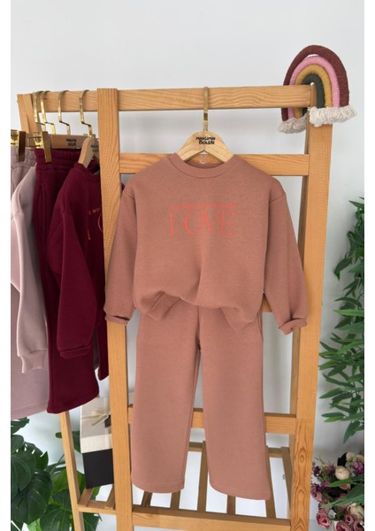 Love Çiçek Baskılı Kız Çocuk Kışlık takım - Kahverengi