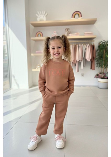 Love Çiçek Baskılı Kız Çocuk Kışlık takım - Kahverengi modelleri