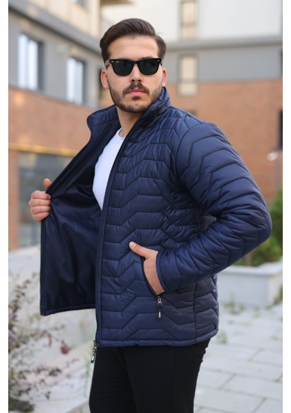 Erkek Kışlık Fermuarlı Günlük Kapitone Lacivert Şişme Mont