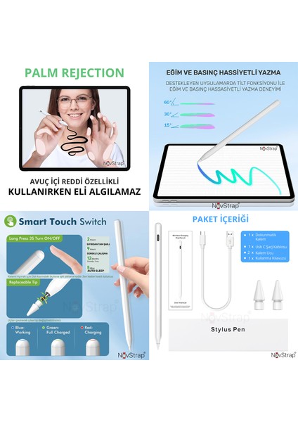 iPad Air 4/5 Nesil 10.9 ile Uyumlu Tablet Kalemi Pencil Avuç İçi Reddi Manyetik Şarj 2xUç