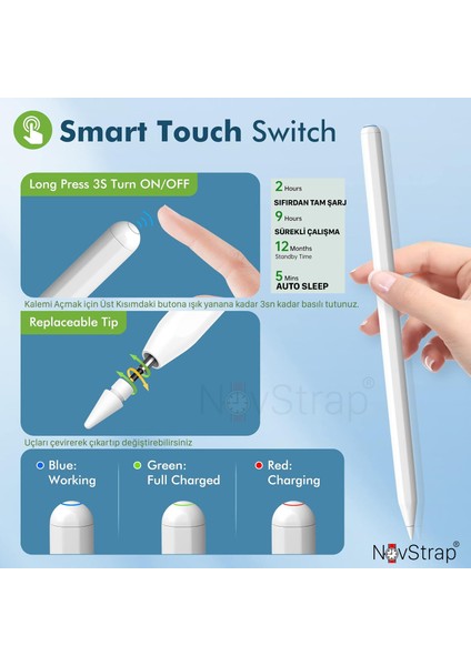 iPad Air 4/5 Nesil 10.9 ile Uyumlu Tablet Kalemi Pencil Avuç İçi Reddi Manyetik Şarj 2xUç