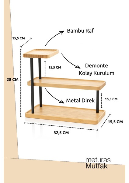 3 Katlı Bambu Düzenleyici Raf | Metal Ayaklı Şık ve Dayanıklı Baharatlık Sunum Stand 32,5 cm fiyatları