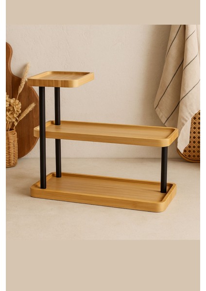 3 Katlı Bambu Düzenleyici Raf | Metal Ayaklı Şık ve Dayanıklı Baharatlık Sunum Stand 32,5 cm modelleri