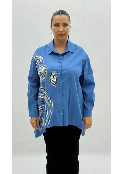 Büyük Beden Pamuklu Düğmeli Uzun Kol Oversize Kadın Gömlek