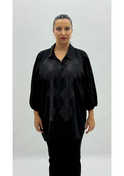 Büyük Beden Düğmeli Taşlı Kapri Kol Oversize Kadın Gömlek