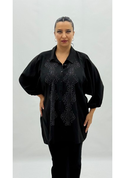 Büyük Beden Düğmeli Taşlı Kapri Kol Oversize Kadın Gömlek fiyatları