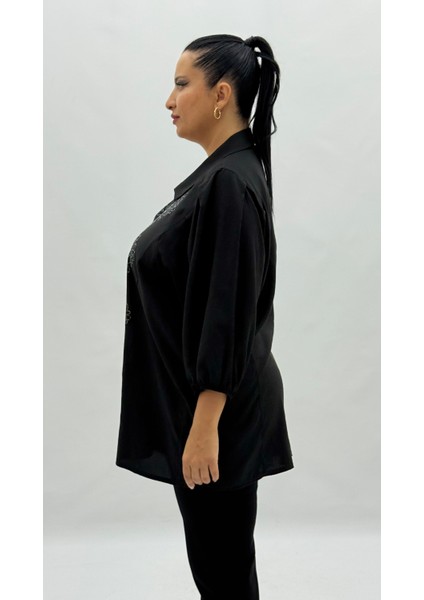 Büyük Beden Düğmeli Taşlı Kapri Kol Oversize Kadın Gömlek modelleri