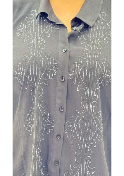 Büyük Beden Düğmeli Taşlı Kapri Kol Oversize Kadın Gömlek indirimleri