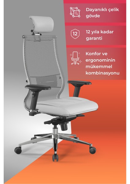 Samurai Ergonomik Koltuk | Bel Destekli, Tekerlekli, Yükseklik Ayarlı, Yönetici Koltuğu - 23.3.5.61 Beyaz