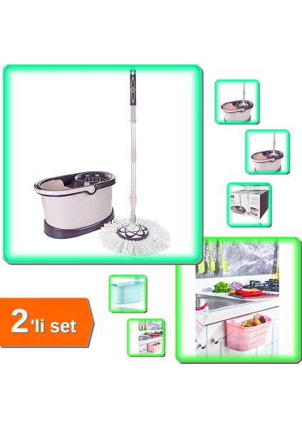 Temizlik Seti Storm Mafsallı Mop Seti + Dolap Kapağı Organizeri - Tezgah Çöp Kutusu 2li Set A1B2C3