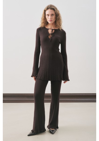 Volanlı Lastik Örgü Pantolon Kahverengi