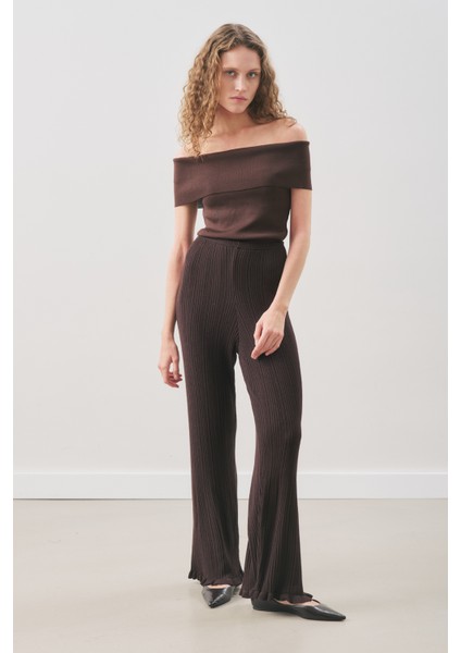 Volanlı Lastik Örgü Pantolon Kahverengi fiyatları