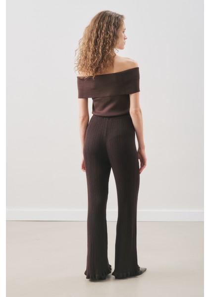 Volanlı Lastik Örgü Pantolon Kahverengi indirimleri