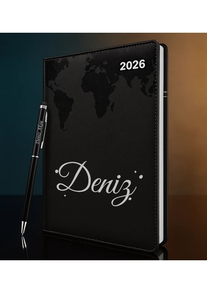 Kişiye Özel Isimli Termo Sert Kapak 2026 Siyah Ajanda & Kalem -3, Öğretmenler Günü Hediyesi, Yeni Iş Hediyesi