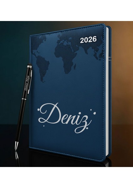 Kişiye Özel Isimli Termo Sert Kapak 2026 Lacivert Ajanda & Kalem -3, Öğretmenler Günü Hediyesi, Yeni Iş Hediyesi