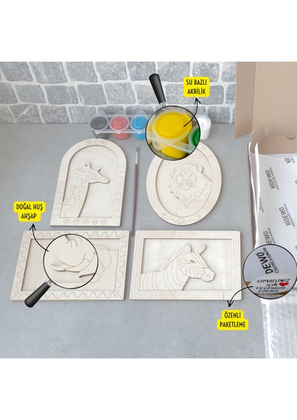 Hayvanlar Ahşap Boyama Etkinlik Seti Eğitici Çocuk Aktivite + Fırça + Akrilik Boya Kreş Okul Öncesi modelleri