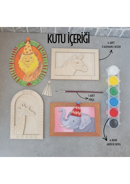 Hayvanlar Ahşap Boyama Etkinlik Seti Eğitici Çocuk Aktivite + Fırça + Akrilik Boya Kreş Okul Öncesi fırsatları