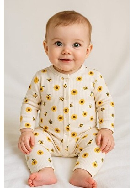Unısex Bebek Safari ve Arı Baskılı Çıtçıtlı Yenidoğan Bebek Tulumu %100 Pamuk Esnek 1-3-6 Aylık